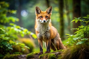 Fototapeta premium The woodland fox stands tall, its reddish-orange fur blending seamlessly into the autumnal landscape, twigs and leaves artfully arranged on its rustling fur.