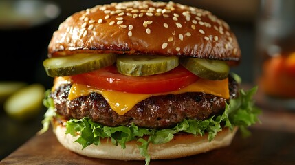 A mouthwatering image of a gourmet burger with a sesame seed bun, overflowing with layers of beef patties, cheddar cheese, crisp lettuce, and colorful tomato and pickle slices, perfectly capturing the