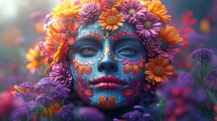 dia de los muertos festive Catrina mask with dahlias, roses and orange marigolds on a vibrant bold purple background