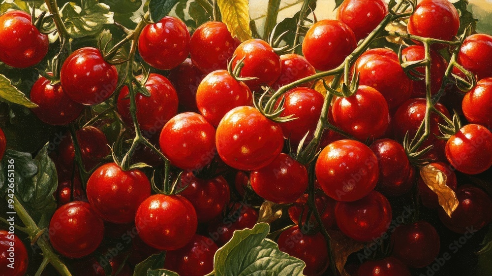 Poster cherry tomatoes bush ripening. generative ai