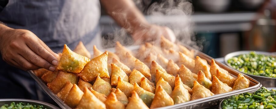 A vendor preparing hot samosas, with steam rising as they are freshly fried, samosa, Indian street food, fried