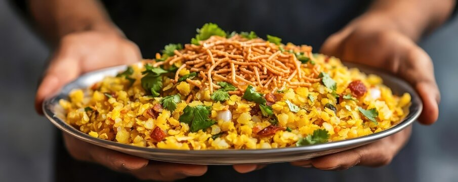 A vendor serving a plate of poha, garnished with sev and fresh coriander, poha, Indian street food, breakfast