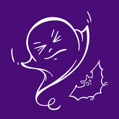 A funny and cute Halloween ghost and bat doodle on a purple background. Vector illustration.