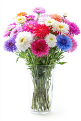 A vibrant bouquet of colorful asters arranged in a glass vase on a white background.