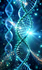 The Blueprint of Life: A mesmerizing 3D rendering of a DNA double helix, glowing with ethereal light and surrounded by a field of shimmering particles, representing the intricate beauty and complexity