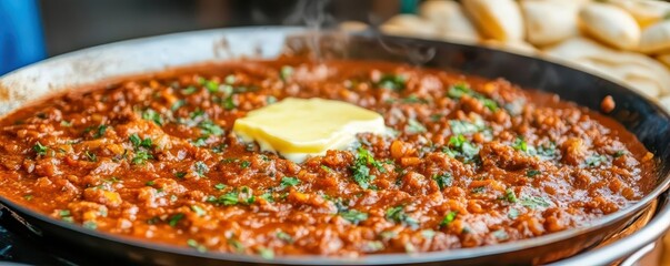 A vibrant image of pav bhaji being cooked on a large tawa, with butter melting on top, pav bhaji, Indian street food, Mumbai
