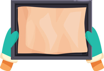 Hands in oven mitts holding empty baking pan with baking paper covering