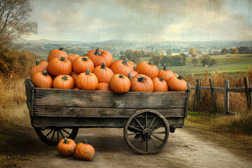 A wooden cart filled with pumpkins set against a rustic, countryside background.