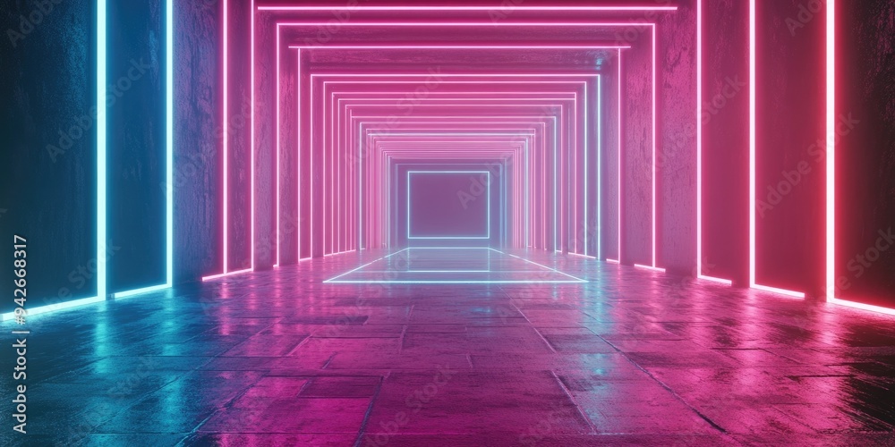 Fototapete 3D rendering of a neon lit tunnel featuring glowing lines an abstract background and a square portal in vibrant pink and blue hues resembling a virtual reality experience with a laser show effect