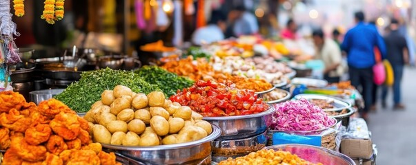 Fototapeta premium A busy Indian street food market during a festival, with colorful decorations and lively atmosphere, Indian street food, festival, market