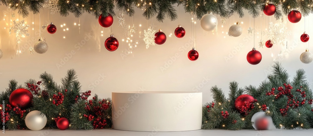 Poster 3d rendering of a festive product display podium with decorative backdrop for a holiday celebration