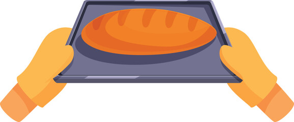 Baker wearing yellow oven mitts is holding a tray with a freshly baked loaf of bread