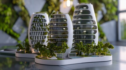 Eco-friendly futuristic towers model and plan with copy space, focusing on all objects, deep depth of field.