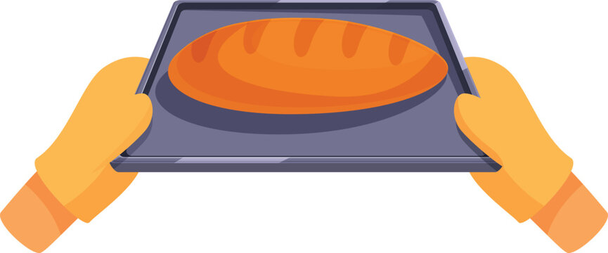 Baker wearing yellow oven mitts is holding a tray with a freshly baked loaf of bread