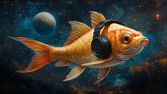 A whimsical goldfish wearing headphones, floating in a cosmic background filled with stars and planets, perfect for imaginative art.