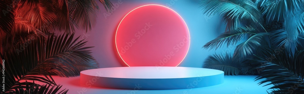 Poster 3D podium with empty space for product showcase against an abstract tropical background Summer and vacation theme Graphic art design