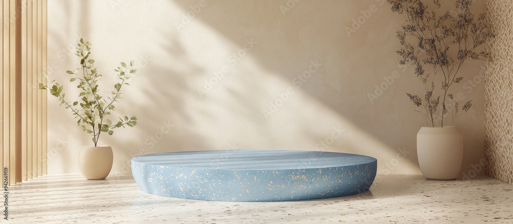 Poster 3D rendered image of an empty mockup podium featuring terrazzo and blue colors set against a portrait beige patterned wall