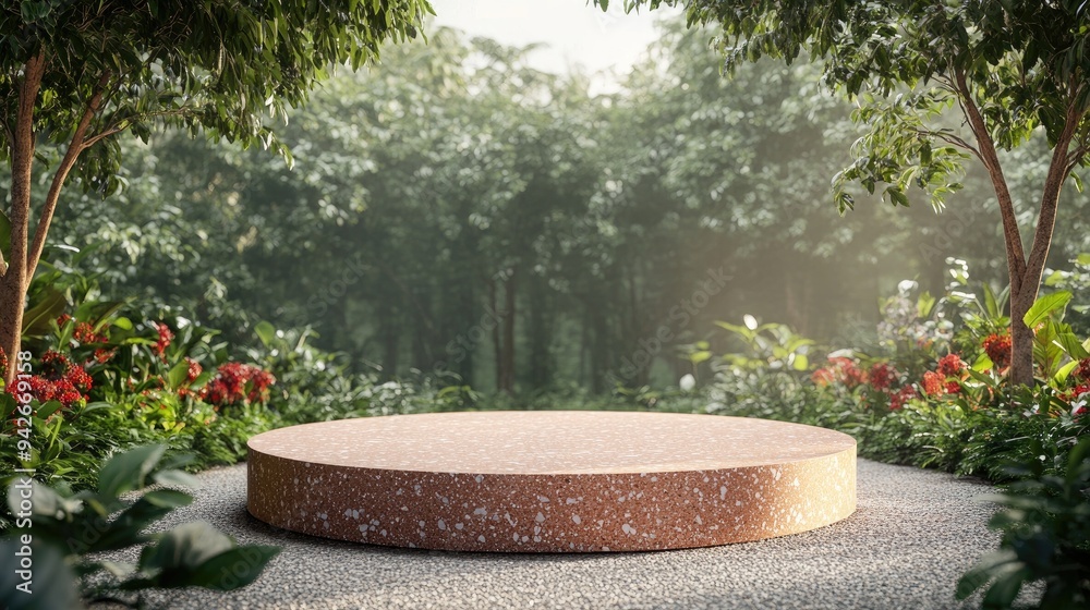 Poster 3d rendering of a brown terrazzo podium mockup in a landscape setting with gobo lighting in the back