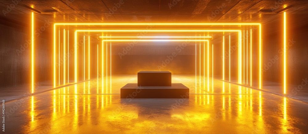 Poster 3d render of an abstract corridor with virtual reality elements featuring yellow neon lights a fashi