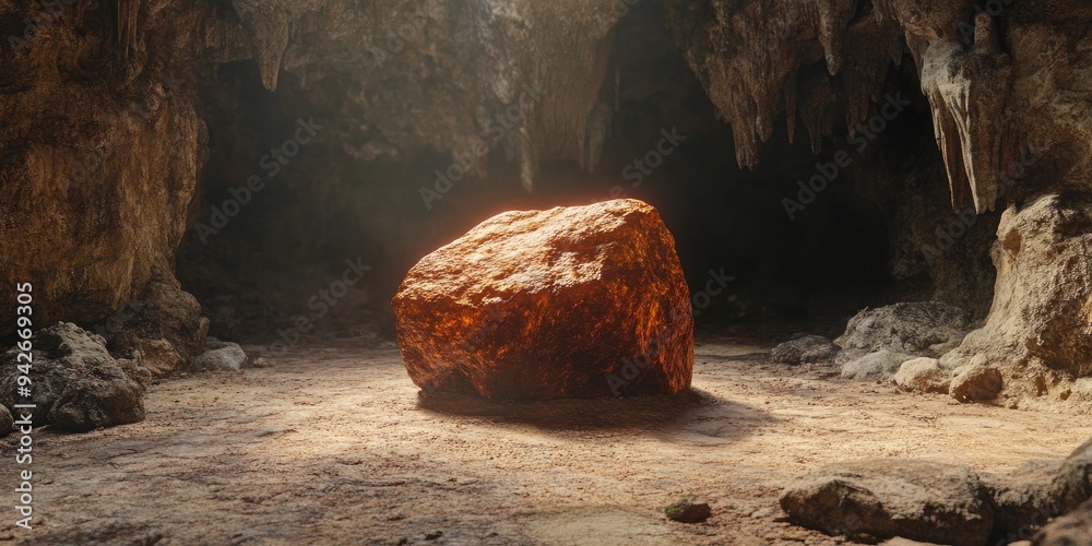 Poster 3d rendering of a brown stone situated in a cave for product showcase concept