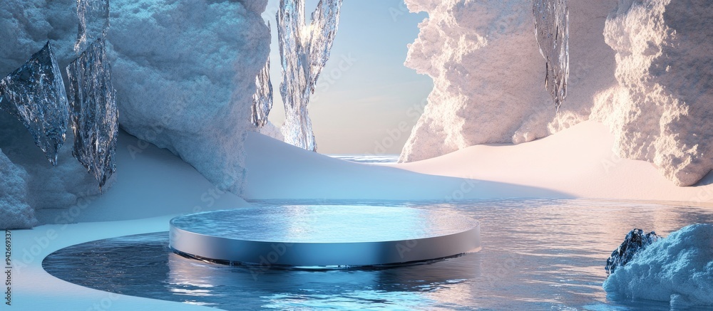 Poster 3D rendering of a surreal landscape featuring a circular podium in water alongside white sand The podium is set against a backdrop of abstract glass shapes and objects creating a futuristic fantasy