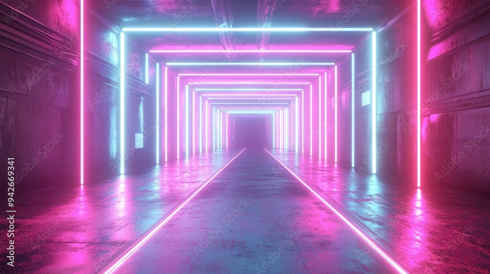 Fototapete 3D rendering featuring glowing lines within a tunnel adorned with neon lights creating a virtual reality and abstract background experience centered around a square portal arch in a vibrant pink an