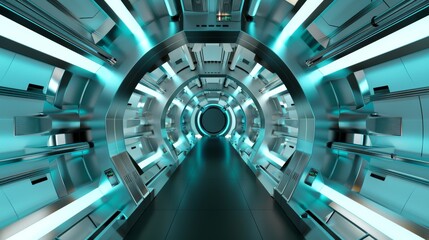 Obraz premium 360 View of Futuristic Spaceship Corridor with Full Object Coverage and Deep Depth of Field, Copy Space