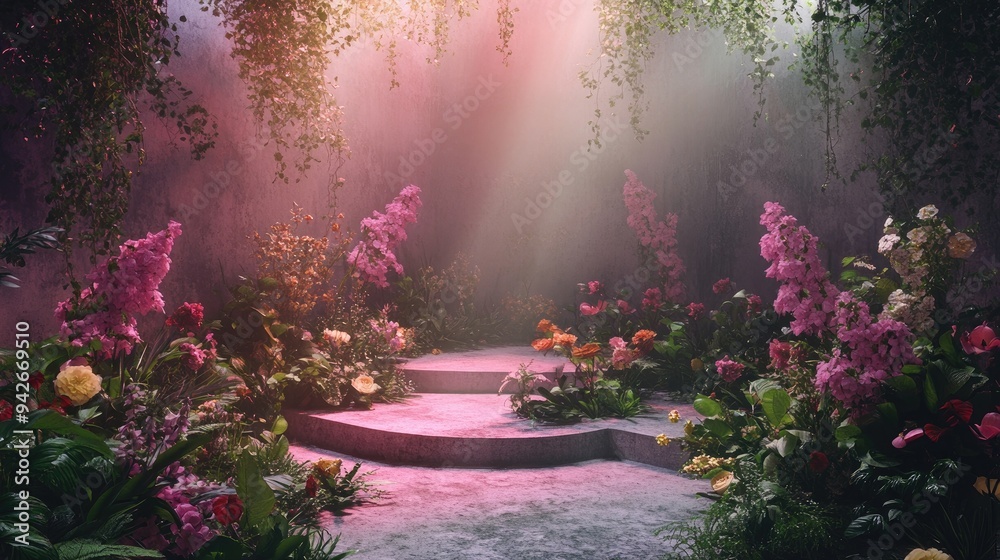 Poster 3d rendered natural backdrop with vibrant lighting designed for displaying cosmetic products in a la