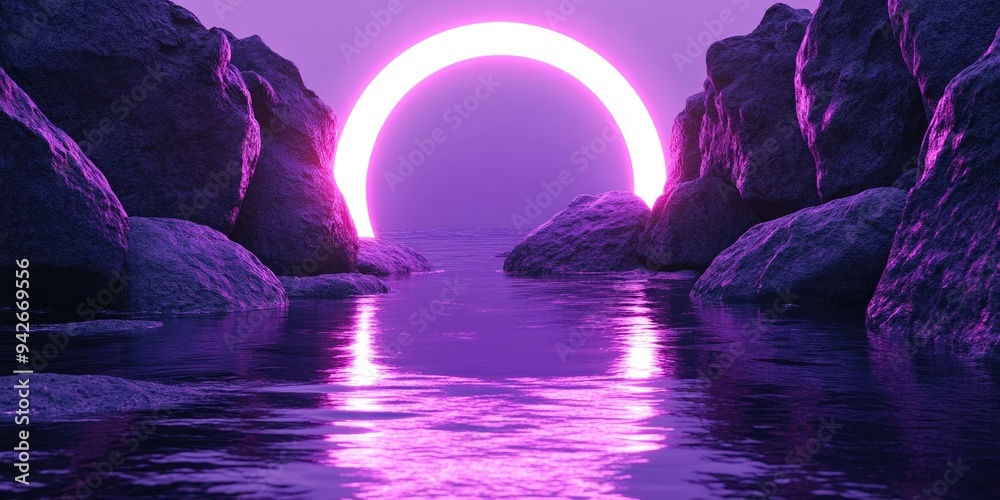 Aufkleber 3D render featuring an abstract ultraviolet background with cobblestones dark rocks and a glowing neon arch showcasing a liquid floor with reflections ideal for product presentation in a minimalis