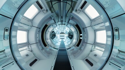 Fototapeta premium 360 View of Futuristic Spaceship Corridor with Copy Space, Deep Depth of Field, All Objects in Focus