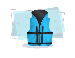 Blue life jacket flat illustration. Beach rescue, protection, lifesaver. Water sport concept. Vector can be used for topics like leisure, hobby, sport