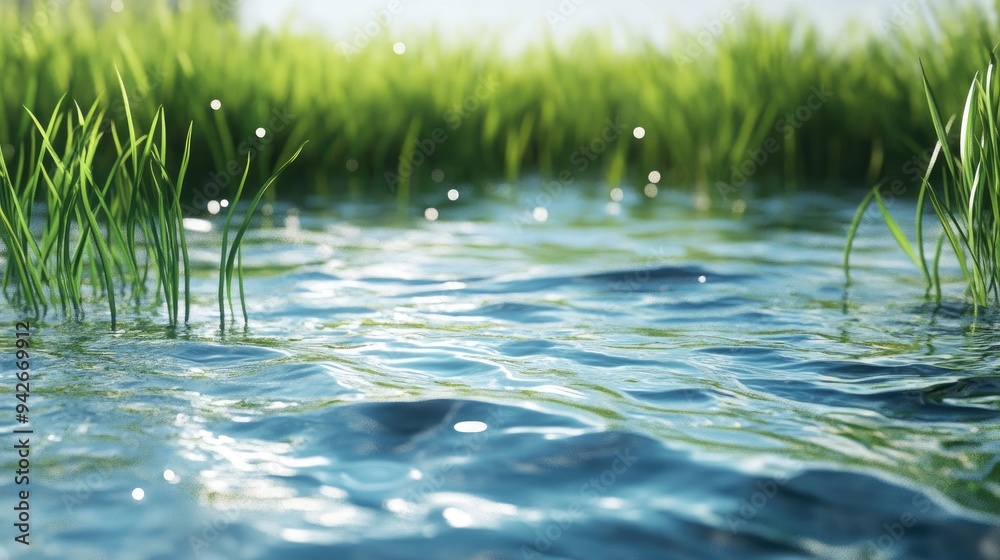 Poster 3D rendering of a water and grass surface