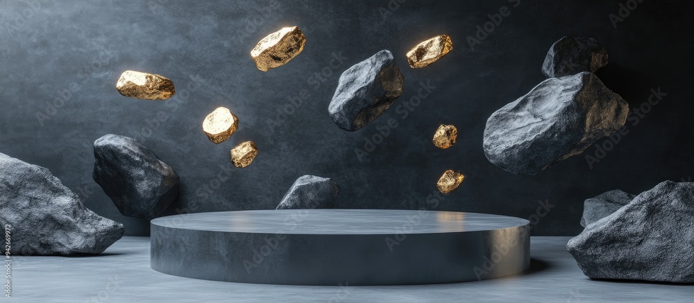 Poster 3D rendering of an abstract background featuring black rock cobblestone ruins and levitating golden nuggets A modern minimal showcase with an empty podium for product display