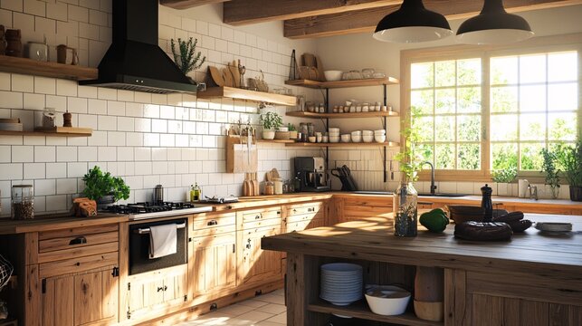 Watercolor rustic kitchen island with open shelving and warm wood tones.
