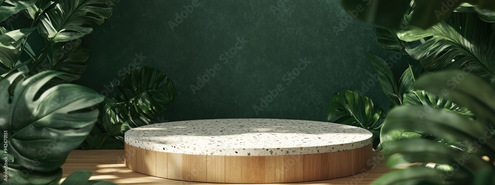 Poster 3d rendering of a template mockup featuring a natural terrazzo and wood podium set against a green w