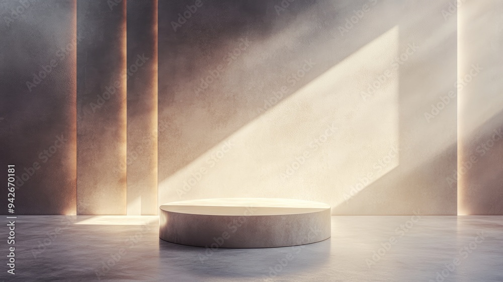 Poster 3D rendering of a pedestal and showcase against an abstract background featuring a minimalist concept with a clean blank space