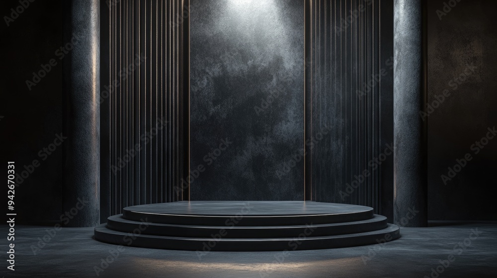 Poster 3d rendering of an awards podium designed in a sleek black aesthetic featuring a winner mock up