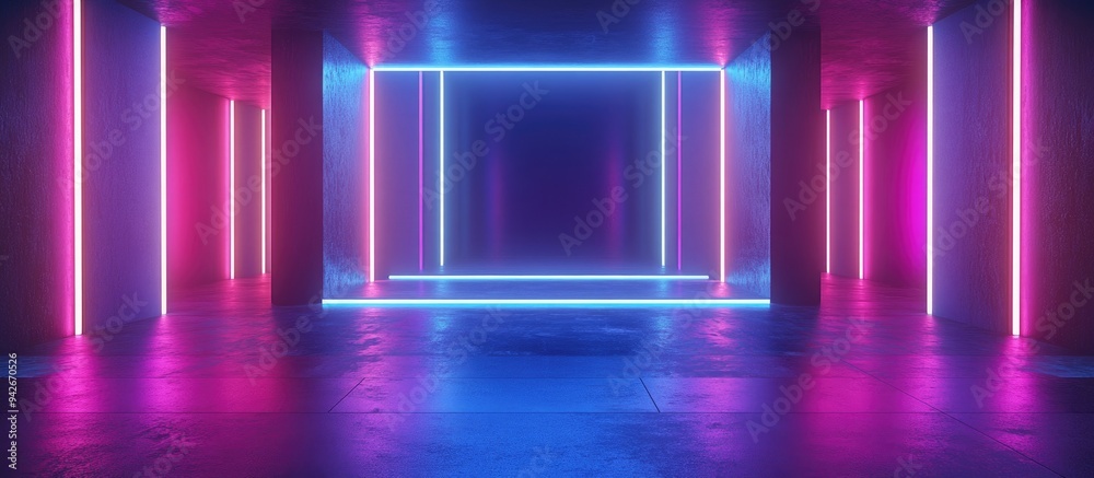 Poster 3d rendering of an abstract background featuring blue pink and violet neon colors illuminated by ult
