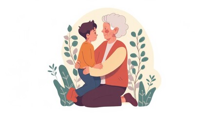 Minimalistic illustration of a grandma and grandson, evoking warmth and nostalgia.