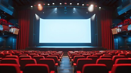 Empty business conference stage with a blank screen, suitable for presentations or promotional materials.