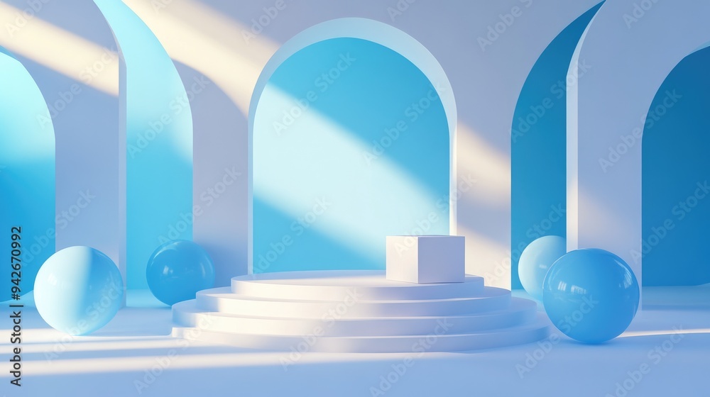 Poster abstract geometric background featuring direct sunlight and blue wavy spheres includes an empty podi