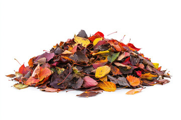 Obraz premium A large pile of colorful autumn leaves isolated on a white background.