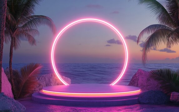 3D render of a summer sale podium for product display Vacation themed scene for mock up purposes