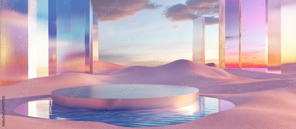 Poster 3d rendering of a surreal landscape featuring a round podium on water with vibrant sand the podium s