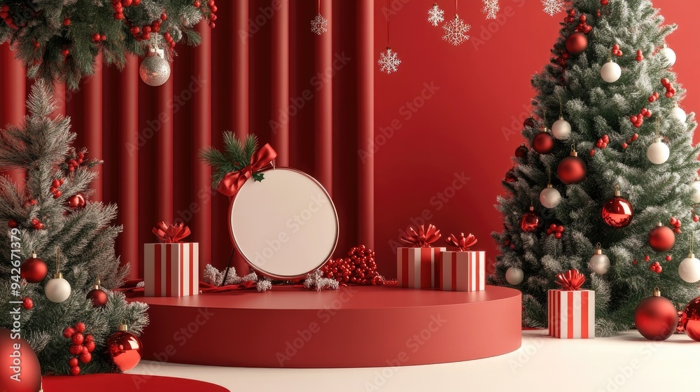 Aufkleber 3d illustration of a merry christmas theme with a blank product podium display setting