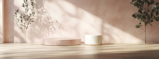 3D rendering of a minimalist pastel pink podium alongside a small white podium in a softly hued indoor space