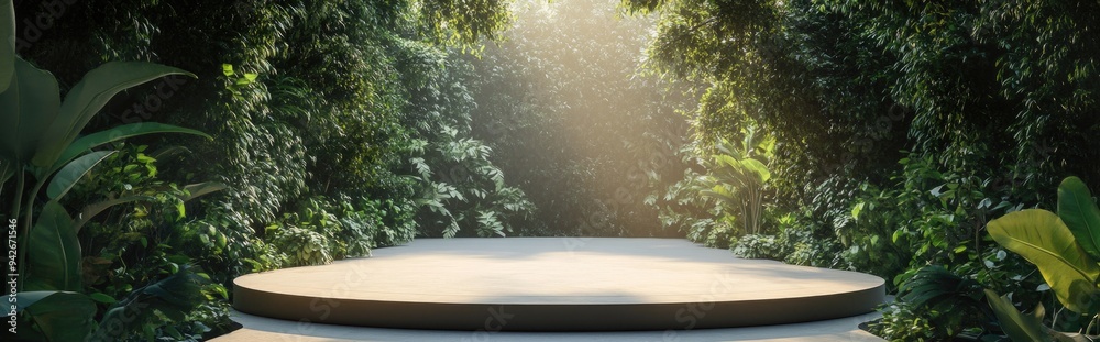 Poster 3D rendering of a stage surrounded by greenery