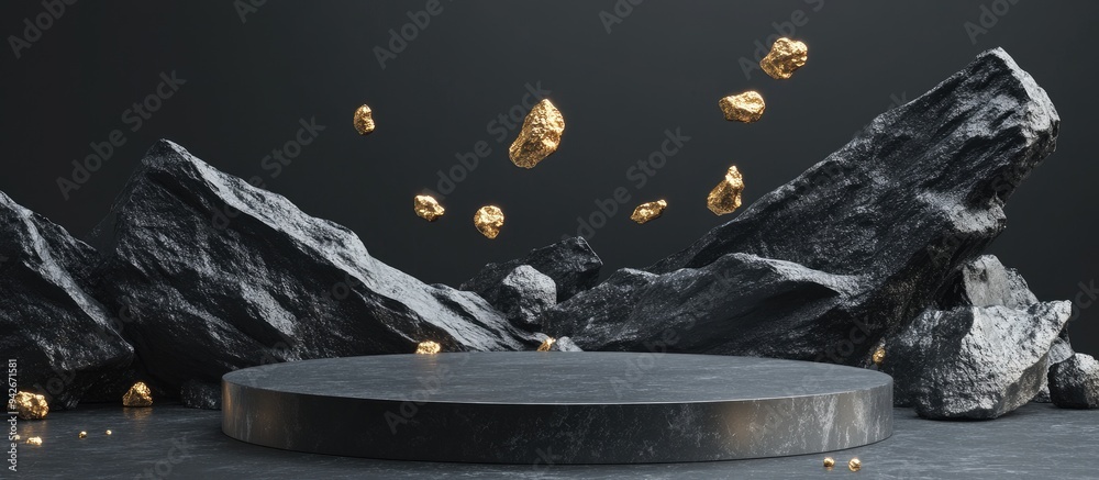 Leinwandbilder 3D rendering of an abstract background featuring black rock cobblestone ruins and levitating golden nuggets A modern minimal showcase with an empty podium for product display