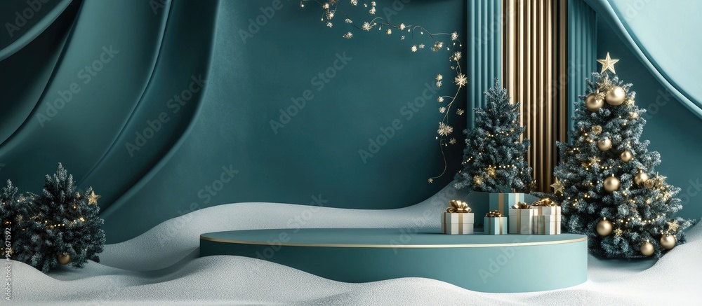 Poster 3d rendering of a festive product display podium with decorative backdrop for a holiday celebration