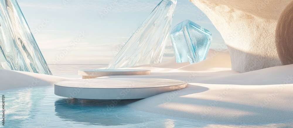 Fototapete 3D rendering of a surreal landscape featuring a circular podium in water alongside white sand The podium is set against a backdrop of abstract glass shapes and objects creating a futuristic fantasy